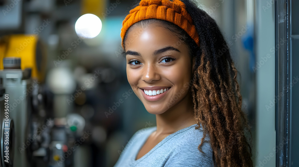 Poster smiling woman with dreadlocks in a factory - realistic image