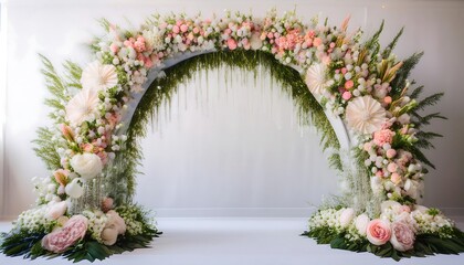 A floral archway made of pink, white and green flowers, perfect for a wedding ceremony.