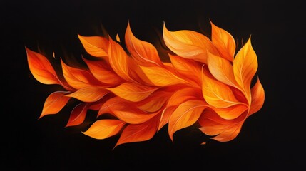 Vibrant orange leaves swirling on a black background, creating an energetic visual effect.