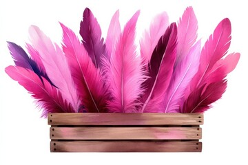 Vibrant pink feathers arranged in a wooden crate, isolated on a white background.