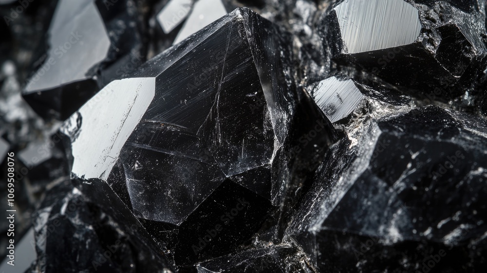 Poster close-up of shiny, black crystals with sharp edges and textures