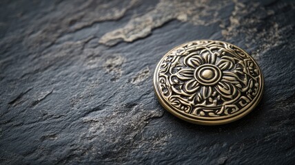 Obraz premium Ornate round brass medallion on dark textured stone background Intricate floral design