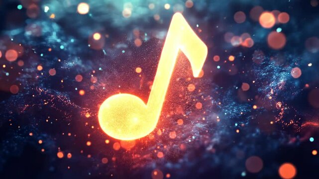 A glowing music note shines brightly against a dark, starry background