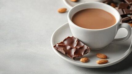 Fototapeta premium Cup of hot chocolate with milk and piece, served almonds on saucer