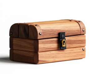 Wooden treasure chest with a lock, white isolate background.