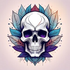 A white human skull with a toothy grin, surrounded by colorful feathers, on a soft pink background.