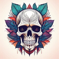 Human skull with colorful leaves in a symbolic design.