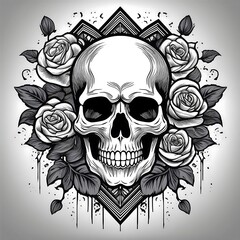 Obraz premium A human skull with a detailed, realistic illustration style, surrounded by roses and intricate geometric designs. The skull is centered and the roses are in bloom with delicate leaves.