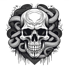A human skull with a snake wrapped around it.