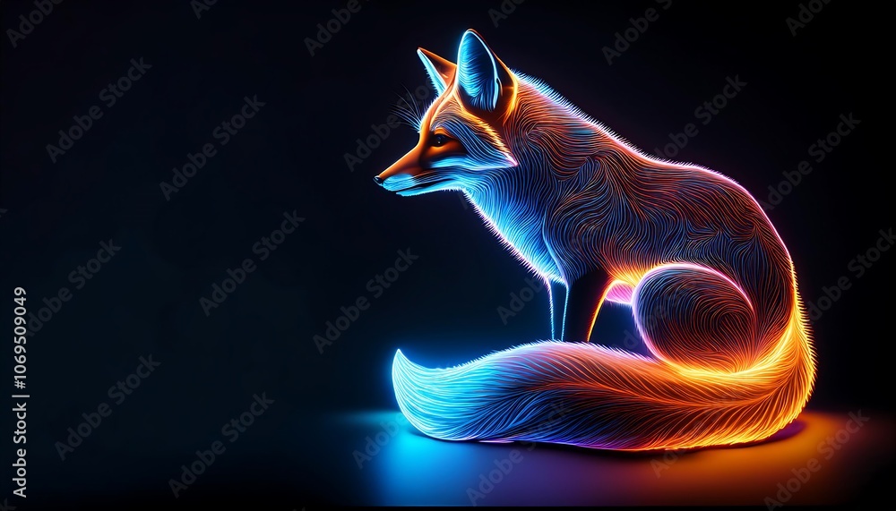 Poster a stylized neon fox with blue and orange glowing lines sits on a dark background with its tail curle