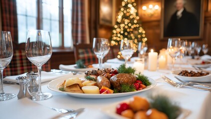 Traditional Christmas dinner setting with a festive centerpiece and candles.