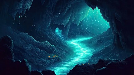Mystical Cave with Glowing River and Figures