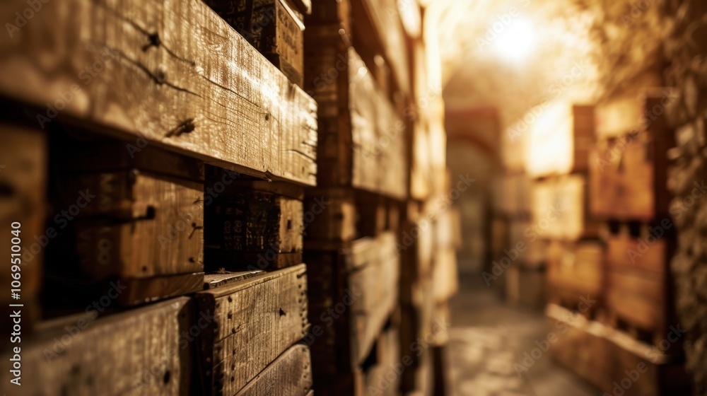 Poster a cloudy view of stacked wine crates hints at the hidden treasures in this cellar.
