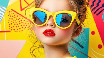 Child showcasing neon yellow sunglasses and bold red lips against a vibrant background