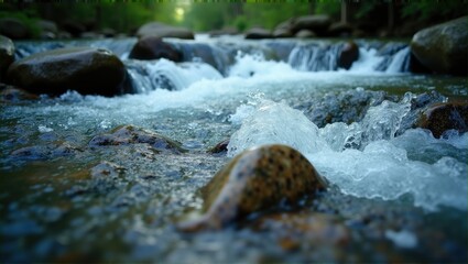 A serene stream with rocks and flowing water, surrounded by greenery, evoking tranquility and nature’s beauty. Generative, AI.