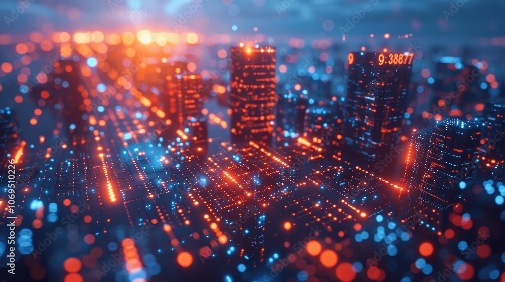 Aufkleber Abstract Digital Background with Binary Code and Glowing Lines on Dark Blue City Lights for Technology and Cyber Security Concepts