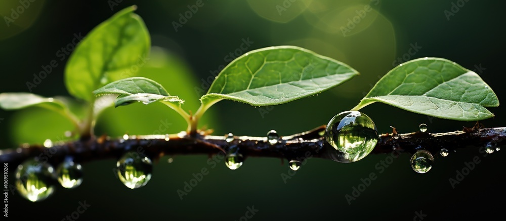 Poster close up of a green leaf with dew drops on a twig.