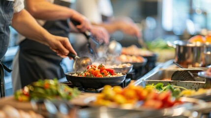 Participants working in pairs on different cooking stations each focused on their respective dishes.