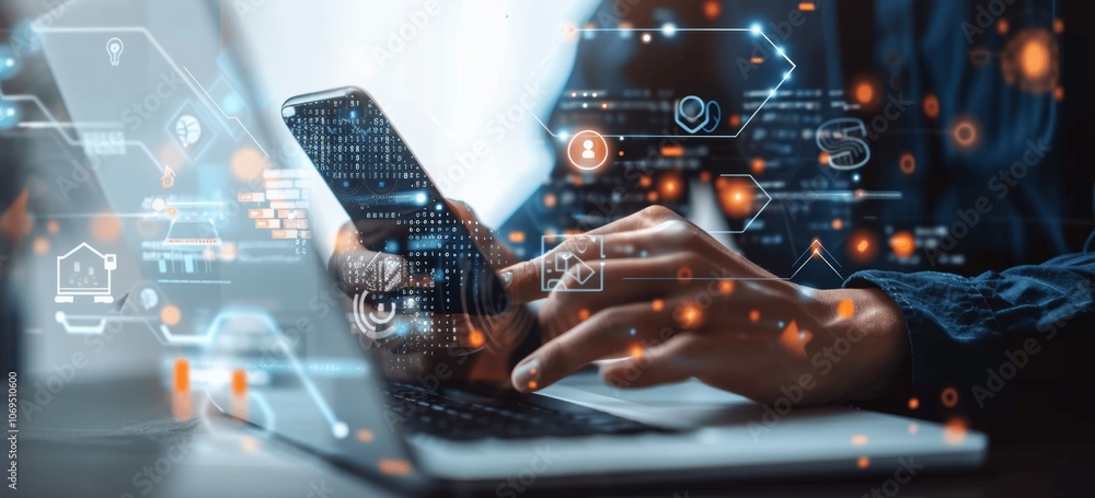 Poster cybersecurity and data protection: mobile and laptop secure access with encryption, privacy, and int