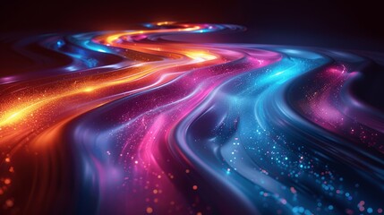 3D Rendered Abstract Background with Curved Rainbow Light on Black