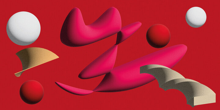 Abstract 3D shapes floating on vibrant red background