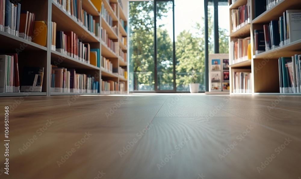 Poster low-angle view of wooden floor in a library with bookshelves and large windows.