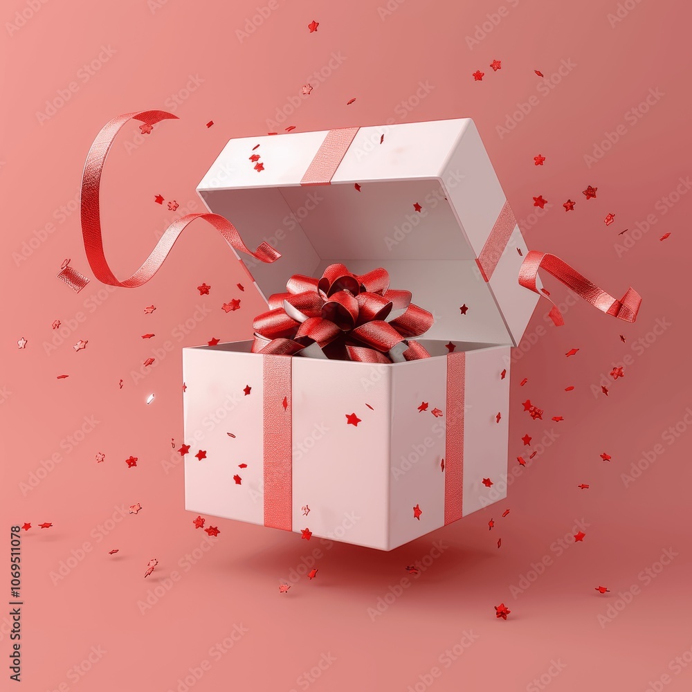 Poster minimal isometric open gift box with red ribbon on pink background hyper realistic high resolution p