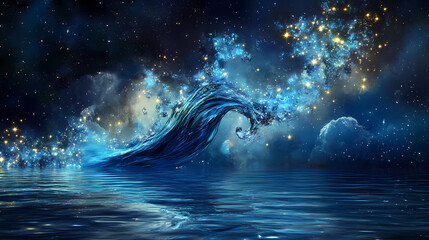 Aquarius water bearer symbol flowing with cosmic energy, stars reflecting in the water, aquarius zodiac, celestial astrology concept. Celestial. Illustration