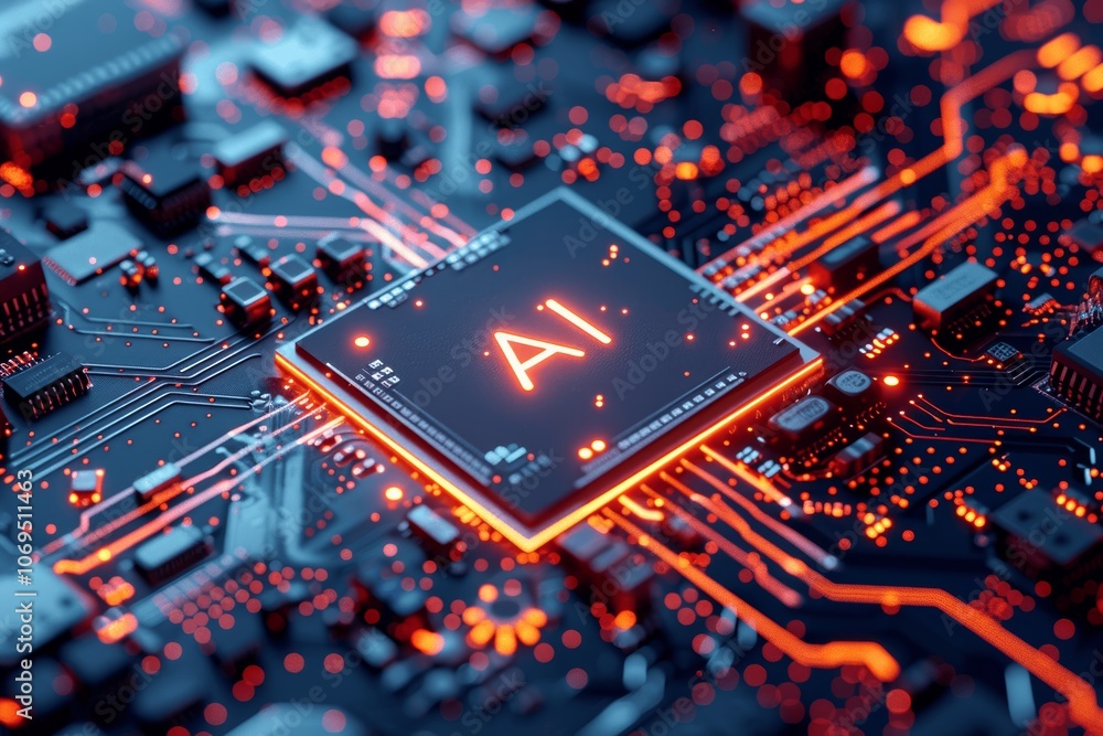 Poster advanced ai chip on high-tech circuit board with red and orange lighting effects, blue color scheme,