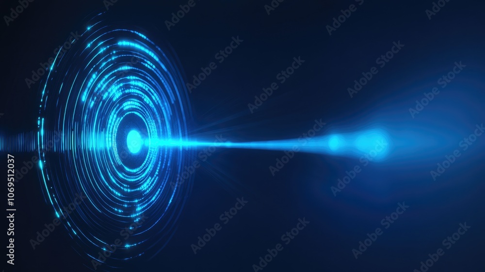 Poster blue light beam emitting from circular patterns in darkness, creating futuristic visual effect