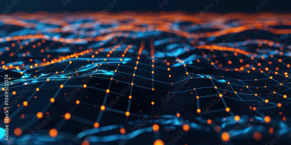 Poster abstract digital landscape with glowing nodes and lines, showcasing a futuristic network concept in 
