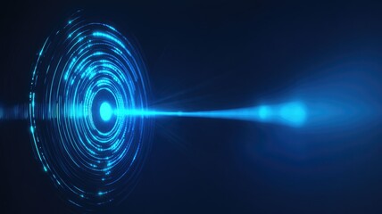 Blue light beam emitting from circular patterns in darkness, creating futuristic visual effect