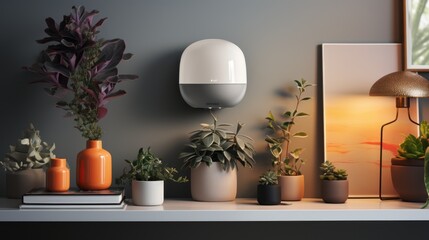 A modern, minimalist home decor shelf with plants, a lamp, and a wall-mounted air purifier.