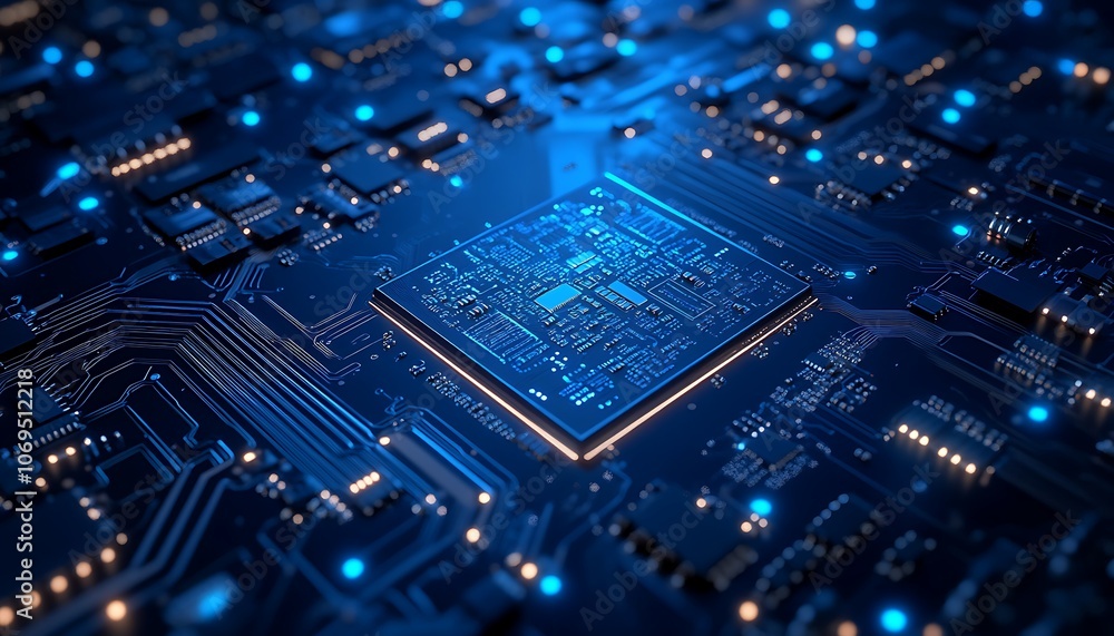 Poster a close-up view of a blue-toned microprocessor on a circuit board, showcasing intricate patterns and
