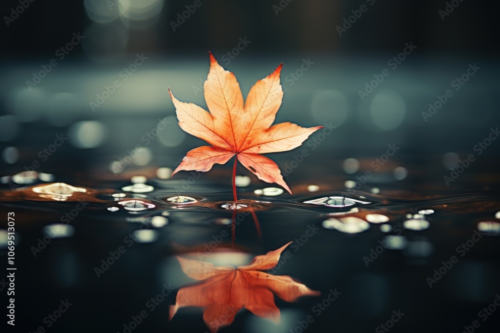 Poster a single red maple leaf floats on the surface of a still pond, its reflection mirrored perfectly in 