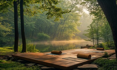 Three yoga mats laid out on wooden deck by still lake with misty forest.