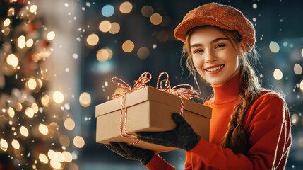 Festive model dressed as a postal worker delivers holiday cheer with a gift in hand