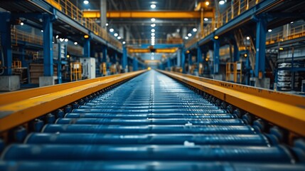 Fototapeta premium Conveyor Belt Sorting Trash in Industrial Hall for Recycling with Blue and Yellow Conveyor Under Natural Light