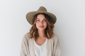 Stylish woman in olive green fedora hat, wavy bob hairstyle, white casual blouse, soft natural lighting, minimalistic white background, relaxed and trendy fashion portrait

