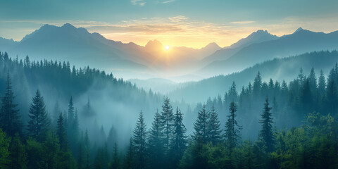 Obraz premium Morning mountain landscape with clouds and alpine scenery, morning mist, stunning natural scenery, travel and tourism concept images, refreshing and relaxing nature images