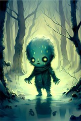 Fantasy illustration of a little alien in the forest. Halloween.