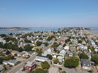 aerial view of beach town and peninsula, hull ma