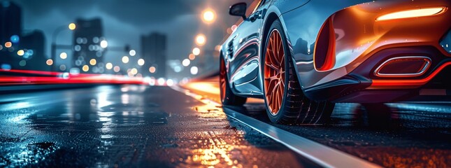 Fast Blue Luxury Car on Highway at Night, Close-Up of Wheels and Side View with Motion Blur