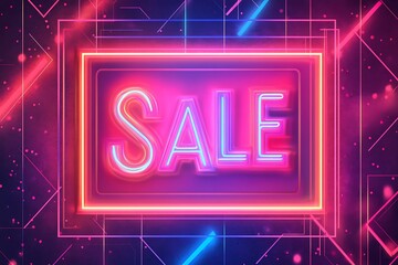 Vibrant neon sale sign against a dark, geometric background evokes the excitement of cyber monday deals