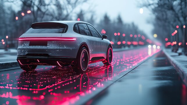 3D render of an autonomous SUV parallel parking on the roadside, demonstrating smart parking assist.