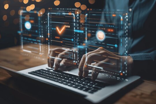 Business Woman Ensuring Digital Document Quality with ISO Certification and Technology Standards