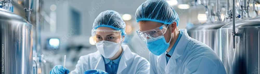 Poster the image shows two scientists in lab coats and protective gear, focusing intently on their work in 