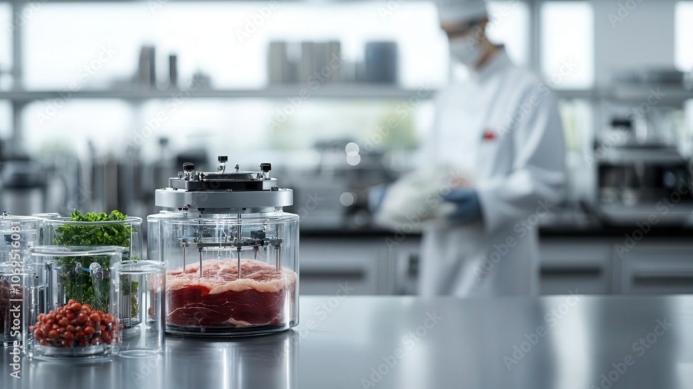 Poster a laboratory scene featuring a masked scientist working with containers of ingredients, emphasizing 