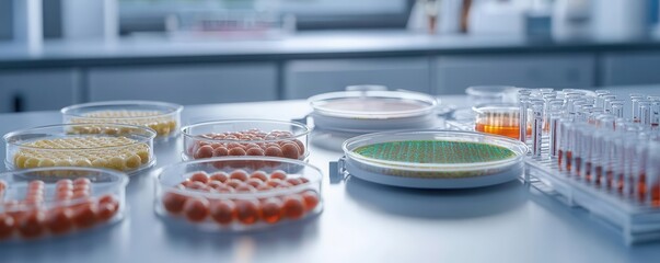 A view of a laboratory table featuring petri dishes and test tubes filled with colorful samples, showcasing a scientific research environment.