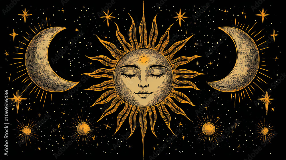 Wall mural elegant and intricate celestial sun and moon embroidered design with balanced cosmic patterns abstra